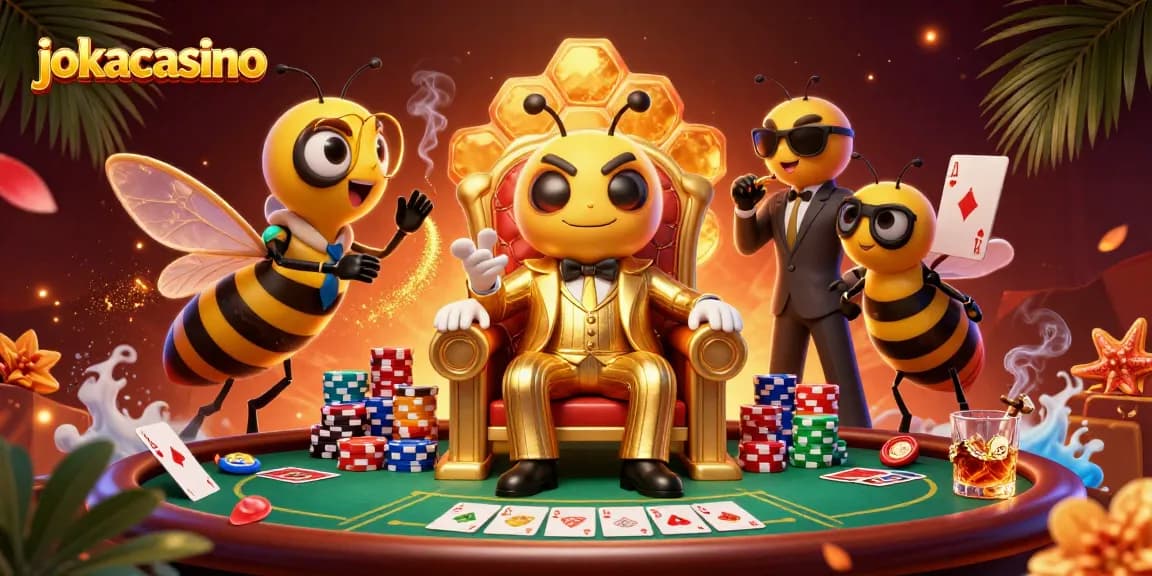 Experience the thrills at jokacasino with a lively 3D scene featuring a bumblebee mob boss and poker ambiance.