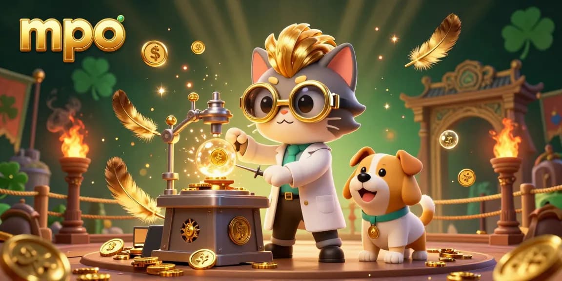 MPO conjures excitement as a mad scientist cat and assistant dog create winning strategies in a vibrant casino world.