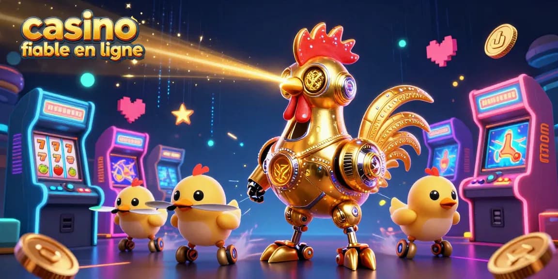 La scène colorée met en avant le casino fiable en ligne avec des robots et des jeux d'arcade.