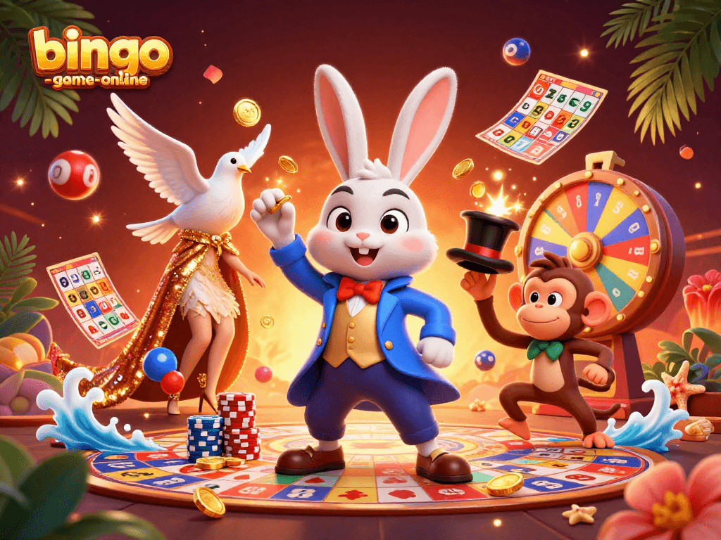 Experience the thrill of bingo-game-online with a lively 3D scene of characters celebrating big wins.