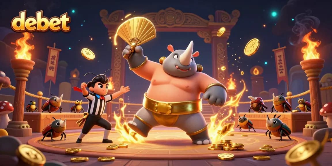 Exciting debet betting scene with animated rhinoceros beetle champions and golden coins.