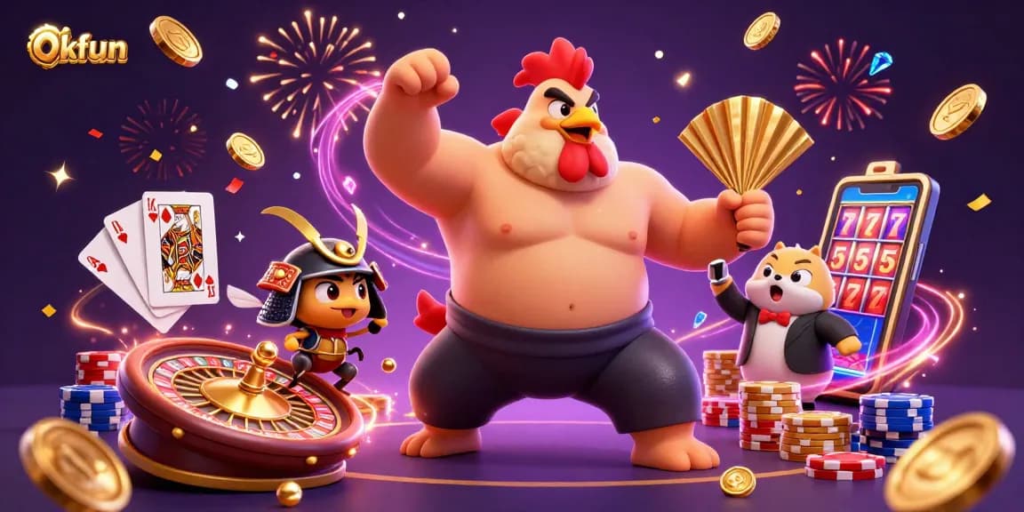 Engage in the thrilling Okfun casino experience with a sumo wrestler and samurai cricket amidst vivid gaming elements.