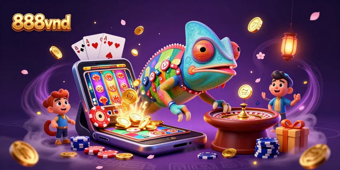 Experience the vibrant world of 888vnd casino with dynamic gaming visuals, golden coins, and colorful slots.