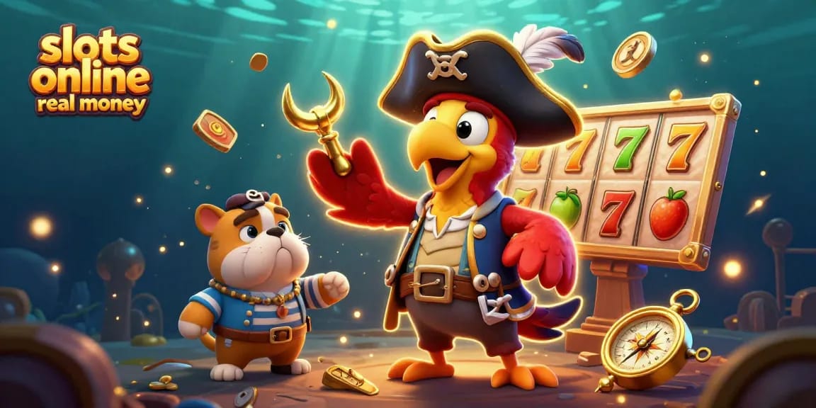Win big with slots online real money featuring a vibrant pirate-themed 3D casino illustration.