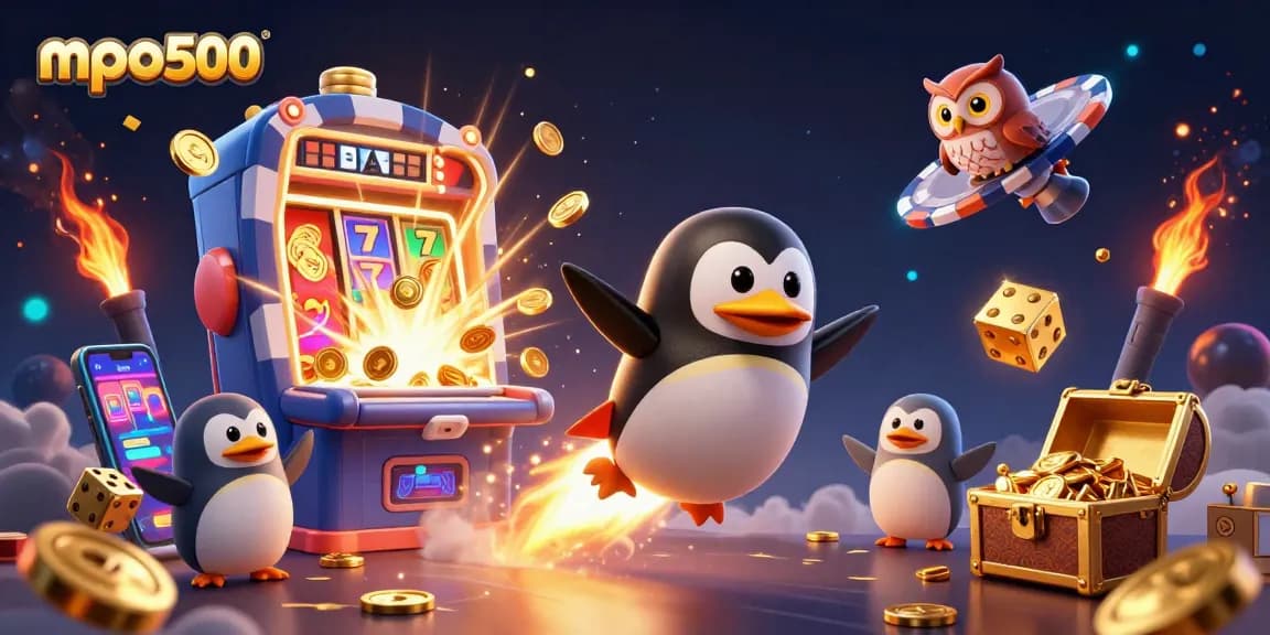 Experience the excitement of mpo500 as a golden penguin navigates a vibrant casino galaxy.