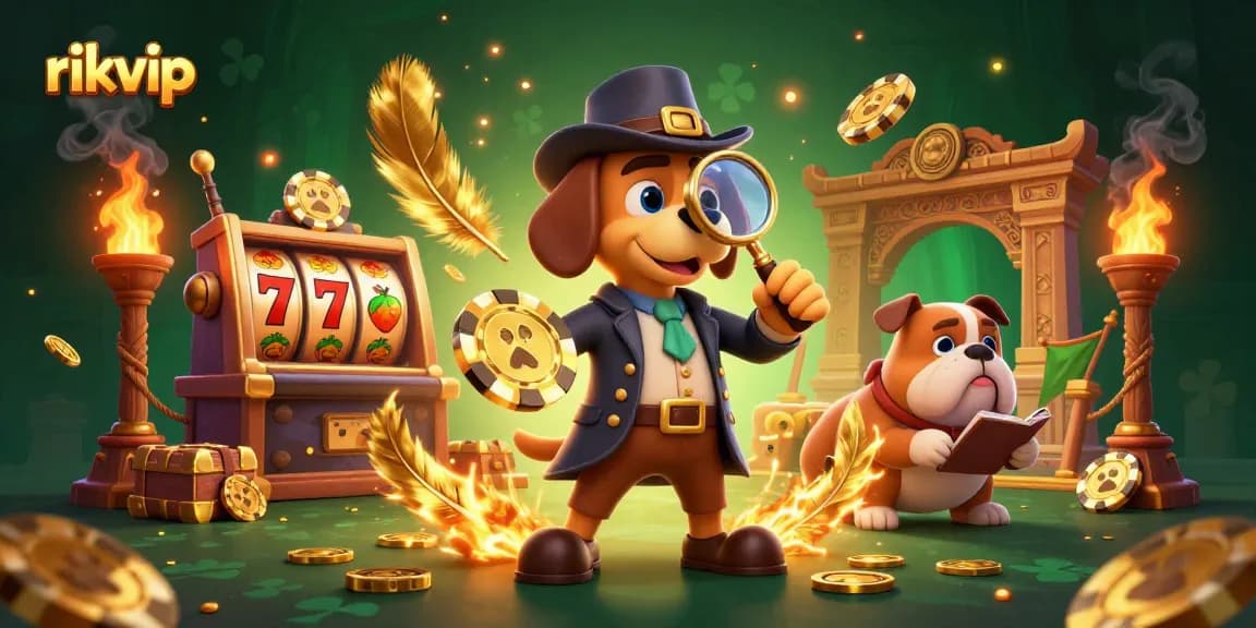 Win big at rikvip with our cartoon detective exploring poker clues in a vibrant casino scene.