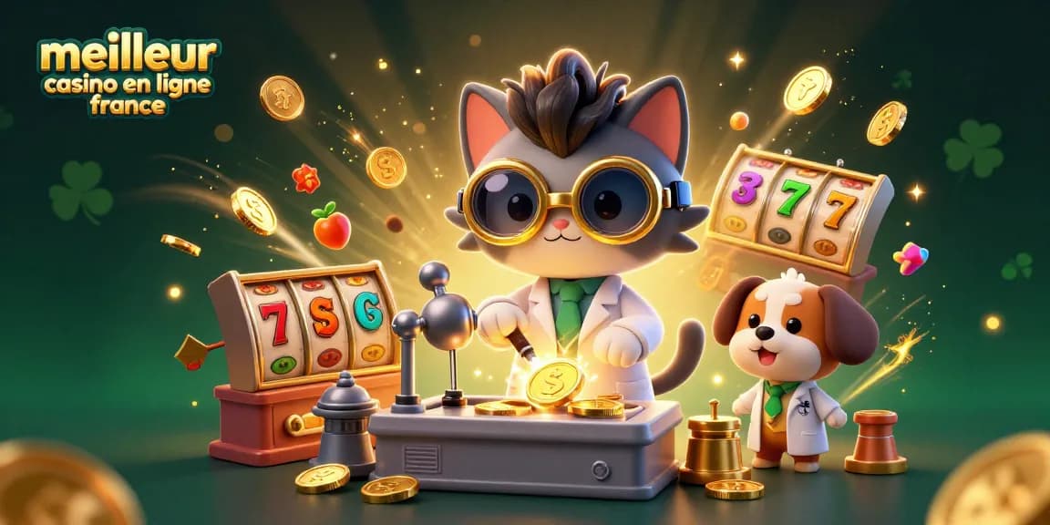 Illustration dynamique pour le meilleur casino en ligne France, représentant des machines à sous, des pièces d'or et des personnages animés.