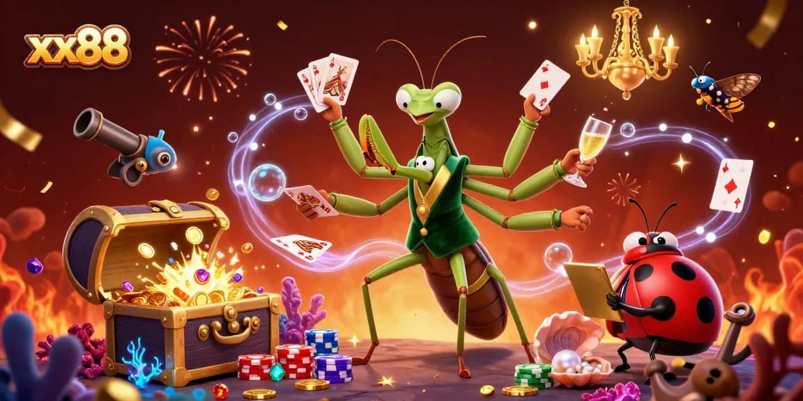 xx88 players engaging in thrilling action, with vibrant casino elements including cards and coins