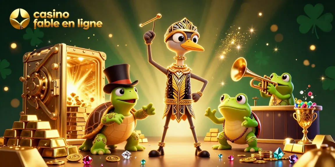 Illustration dynamique d'un casino fiable en ligne avec un grue art déco, une tortue et une grenouille, entourés de trésors.