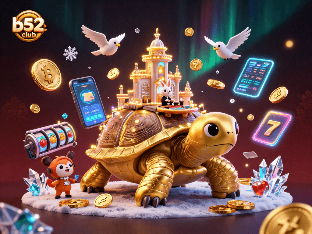 B52club engages players at a vibrant casino scene featuring a golden tortoise, rabbit dealer, and slot elements.