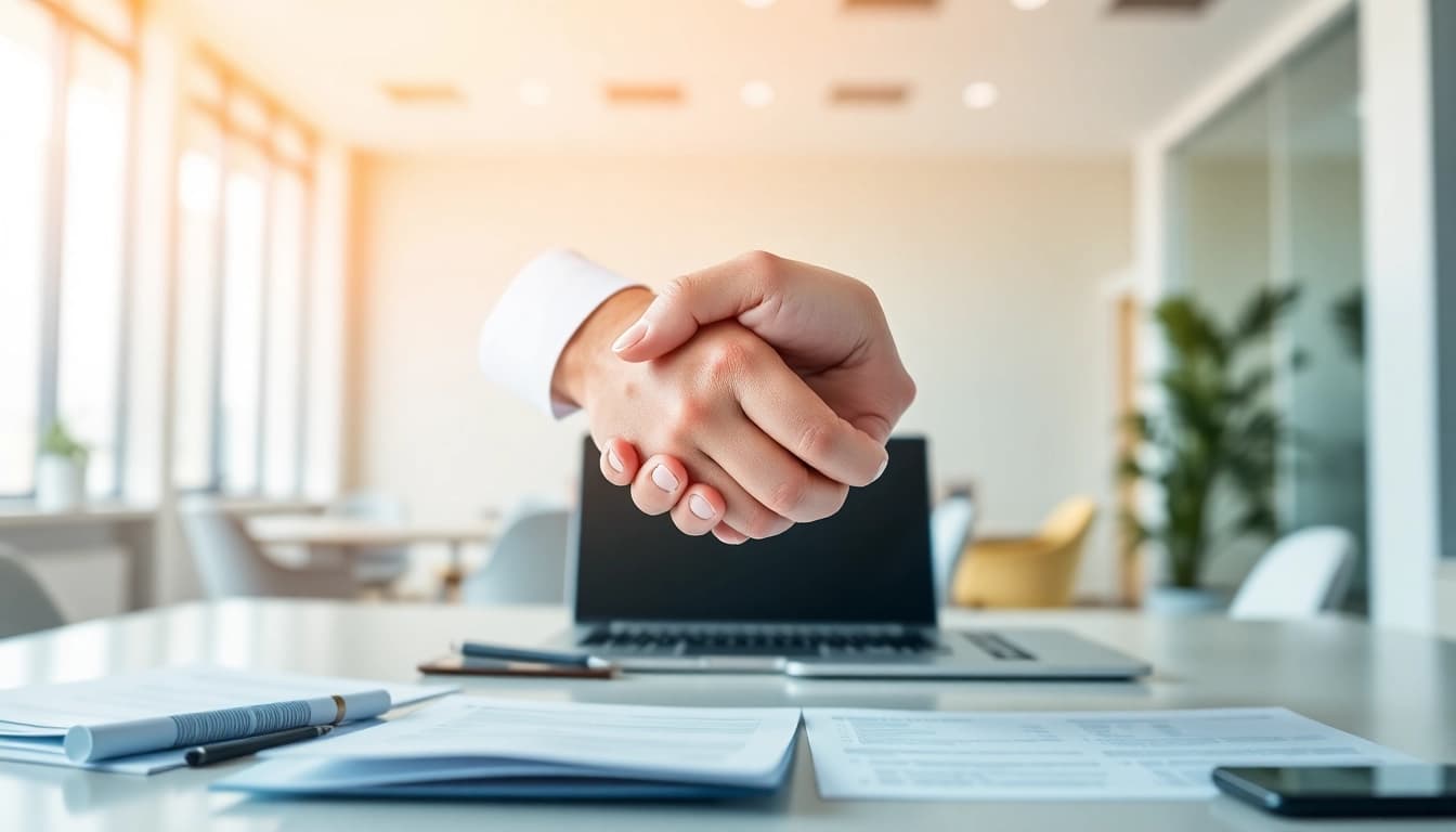 Escrow Services ensuring secure transactions with a professional handshake and a modern office ambiance.