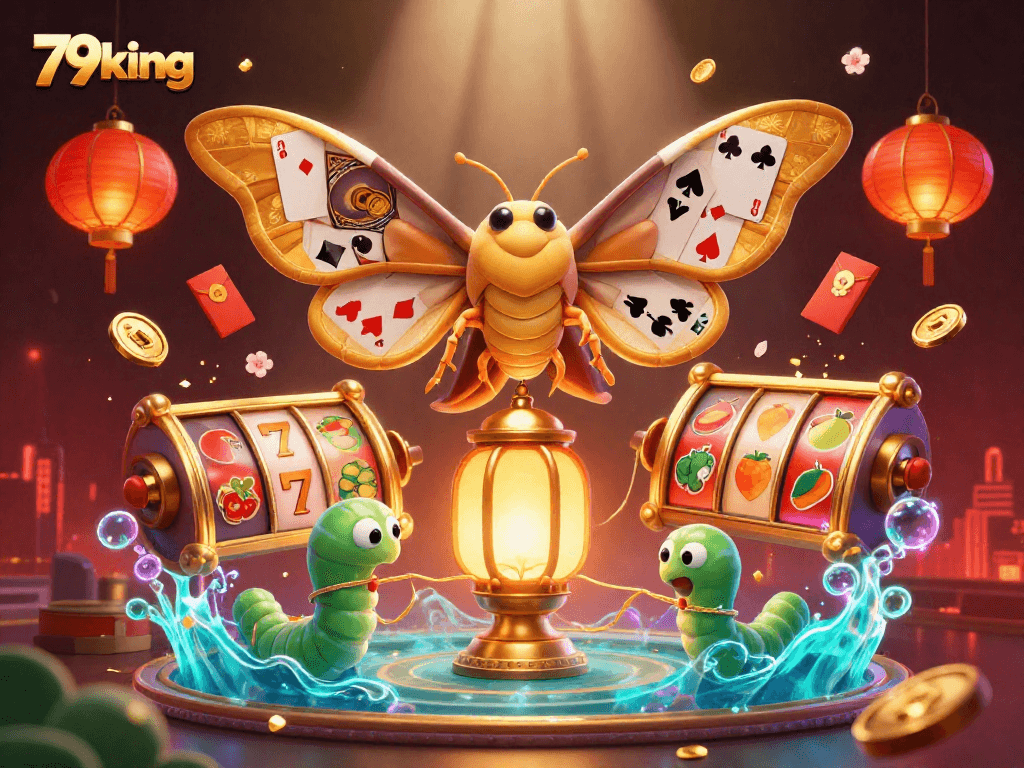 Interact with 79king as you engage in thrilling slot reels among festive casino elements.