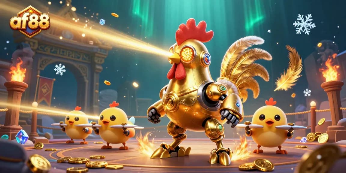 Engage with thrilling games at af88 while the golden rooster robot leads a vibrant casino scene.