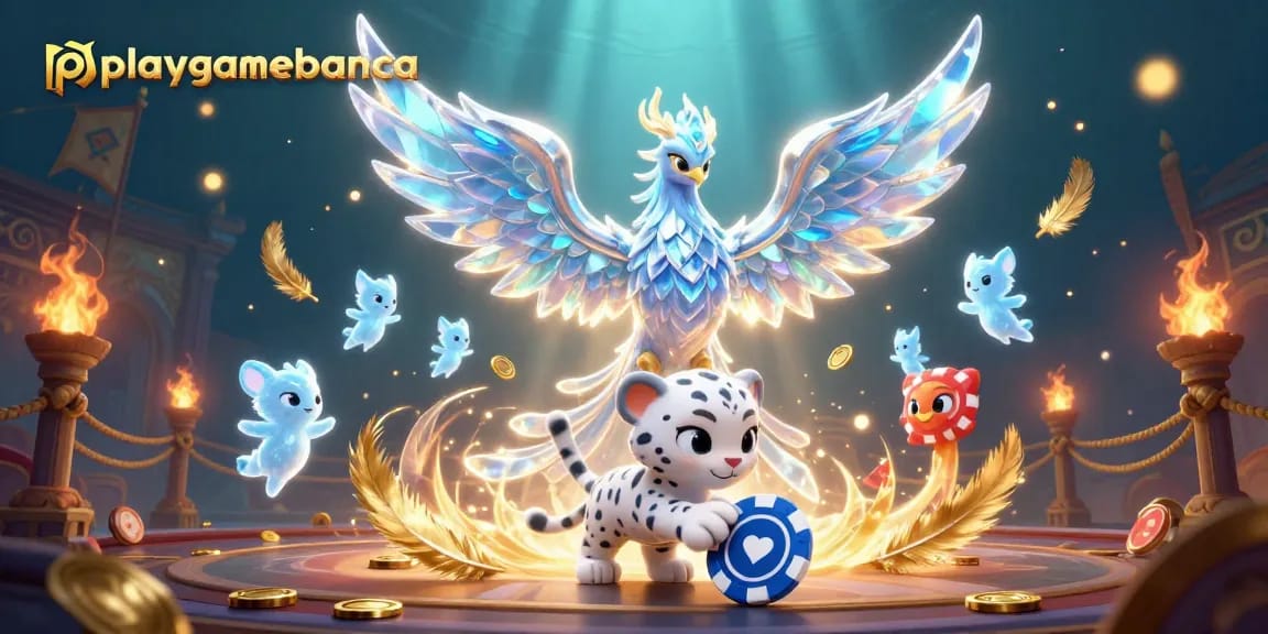 Engage with playgamebanca through an exciting scene of a 3D cartoon ice phoenix and gaming action.