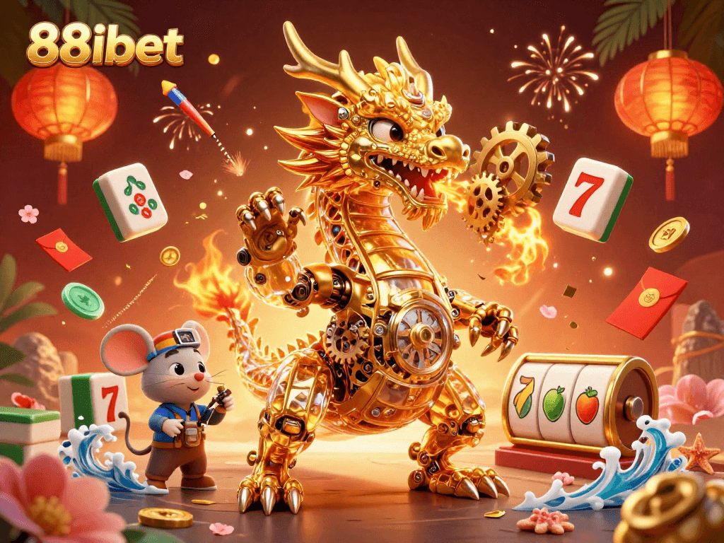 Experience the thrill of 88ibet casino with golden elements and dynamic gaming elements surrounding a dragon.