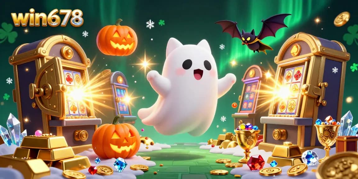 Experience the excitement of win678 with a ghost cat and treasures in a haunted casino scene.