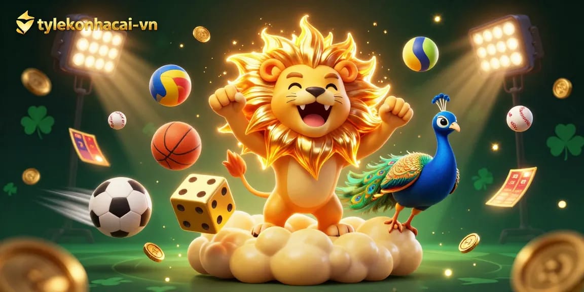 Bet on excitement with tylekeonhacai-vn in this vibrant casino scene featuring a roaring lion and dynamic sports elements.