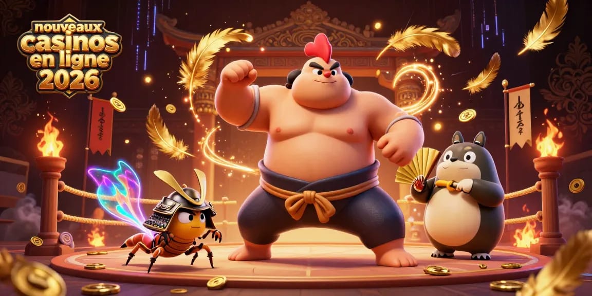 Animation des nouveaux casinos en ligne 2026 avec un lutteur sumo et un grillon dans une arène