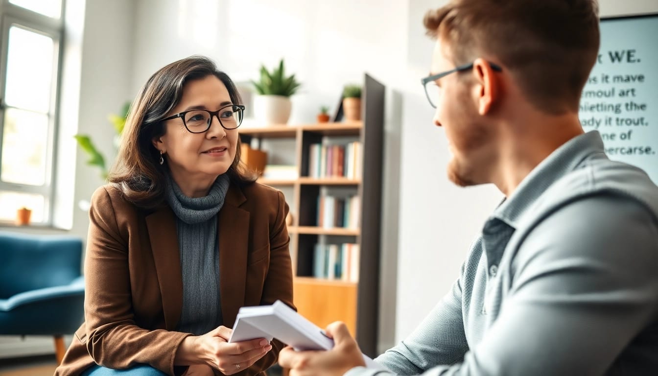 Engaging career coaching session showcasing a coach assisting a client in a bright office setting.