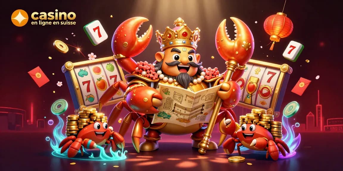 Une illustration captivante de casino en ligne en Suisse avec un crabe doré, des jetons et des rouleaux à sous.