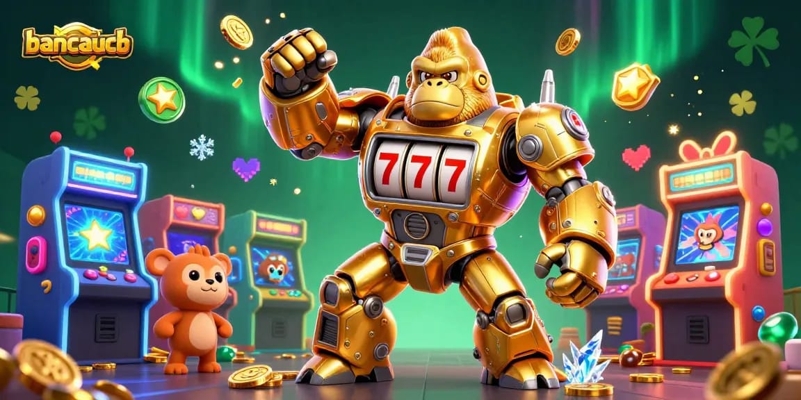 Bancaucb transforms casino action into a vibrant adventure with a golden gorilla mech amidst exciting arcade machines.