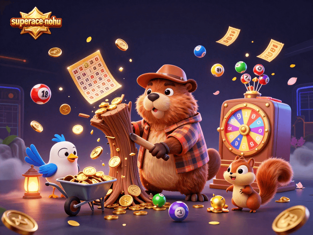 Engage with superace-nohu’s exciting rewards, featuring a beaver amidst golden coins and lively game elements.