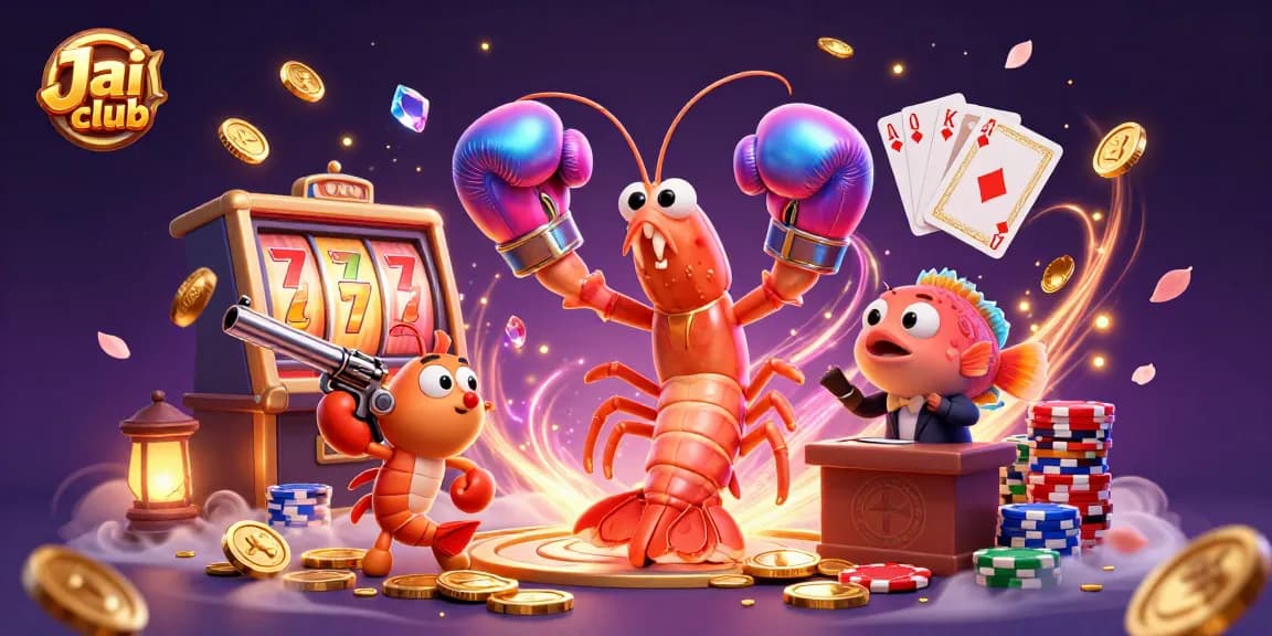 Experience thrilling wins at Jai club in this vibrant 3D casino scene with slot reels and poker chips.