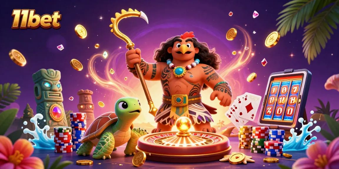 Enjoy a vibrant 11bet scene with a demigod and treasures from online gaming activities.