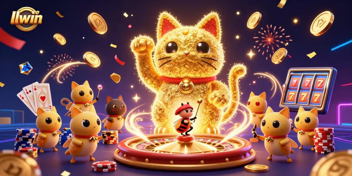 Experience thrilling gaming adventures at llwin with vibrant casino elements and a dynamic lucky cat.