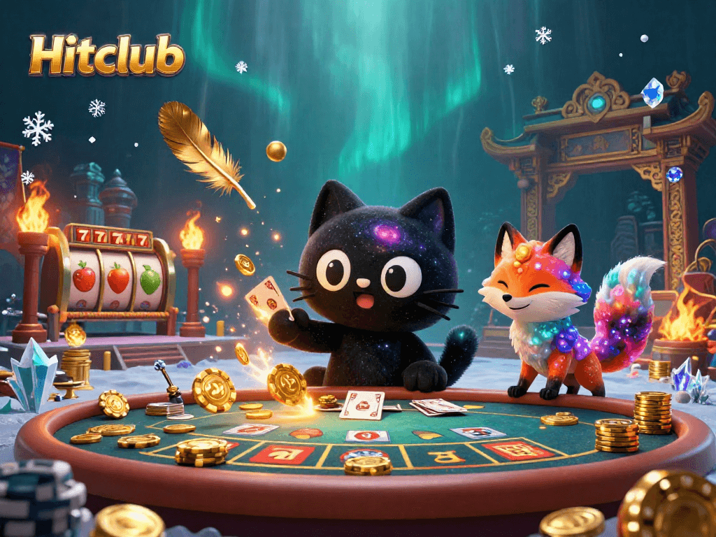 Hitclub features a cosmic casino scene with a black hole cat and nebulous fox, showcasing vibrant gambling elements.