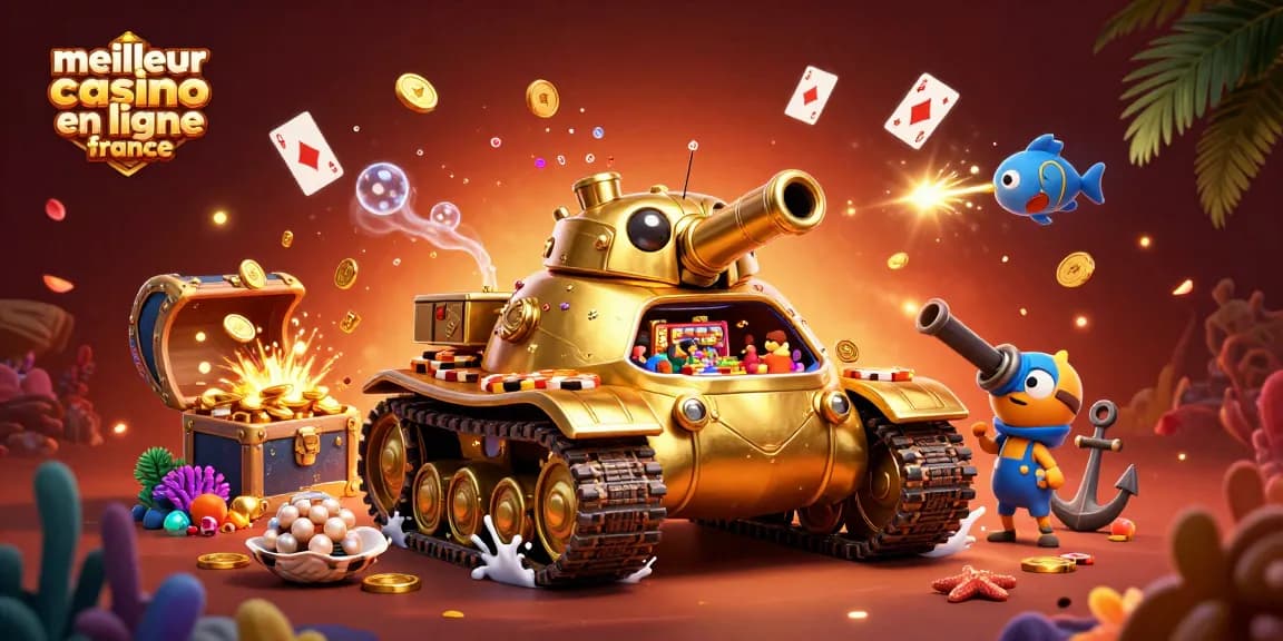 Ajoutez de la magie au meilleur casino en ligne France avec un tank doré et un casino miniature.