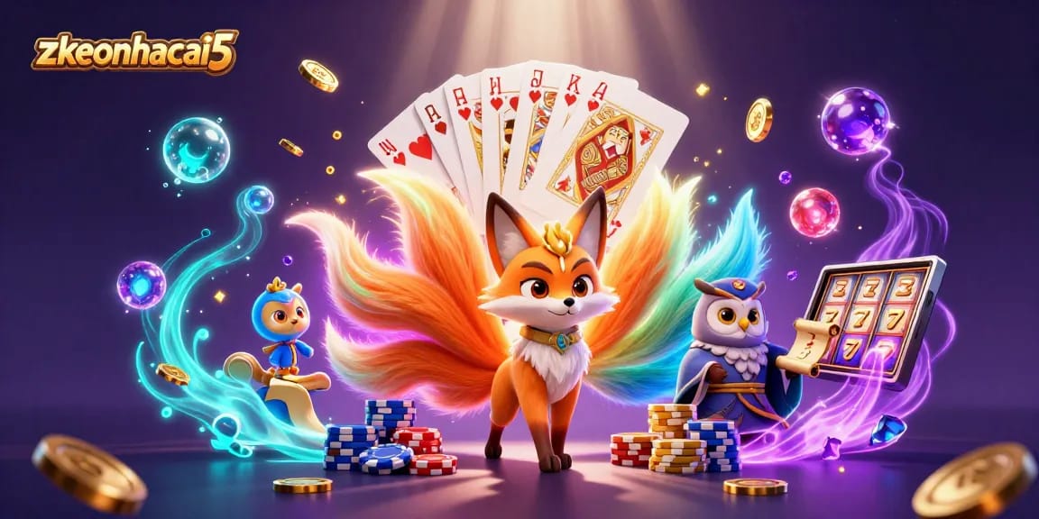 Experience zkeonhacai5 action with a vibrant nine-tailed fox and a wise owl amidst casino elements.