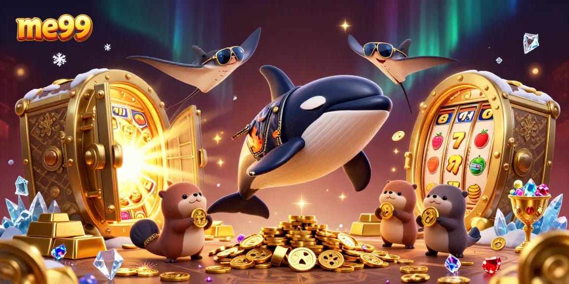 Win big at me99 with vibrant casino scene featuring unique characters and golden treasures.