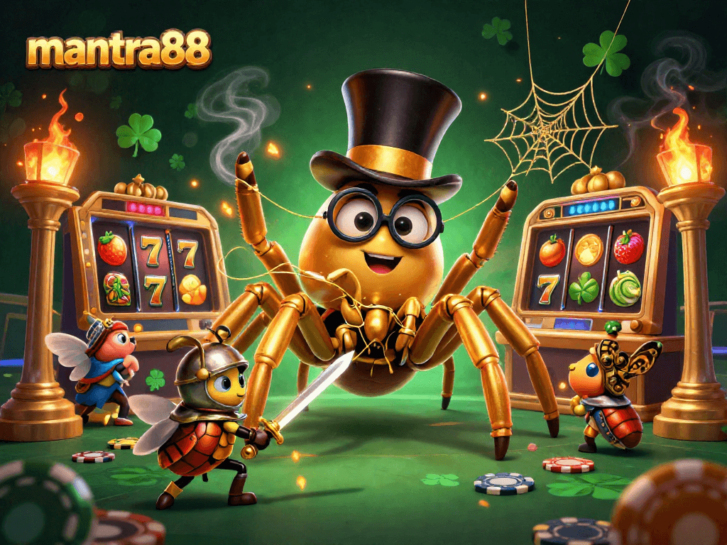 Experience thrilling gameplay with mantra88's vibrant slot games featuring unique characters in an illustrated casino setting.