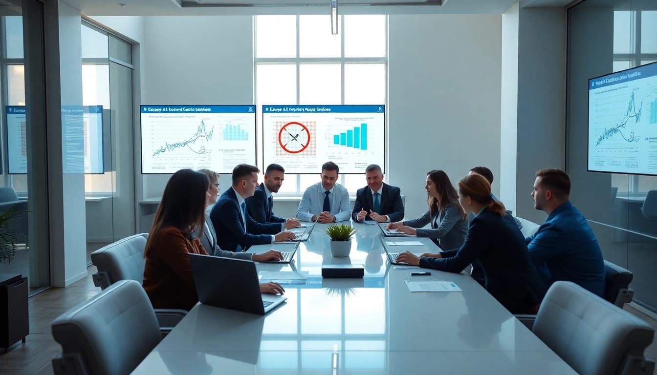 Discussing ITAR/EAR compliance in a diverse business meeting setting with visual data.