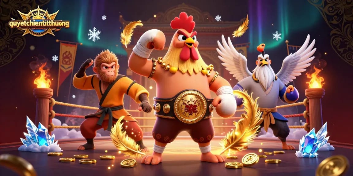 Experience the thrilling action in quyetchientienthuong with a dynamic battle scene featuring vibrant characters and casino elements.
