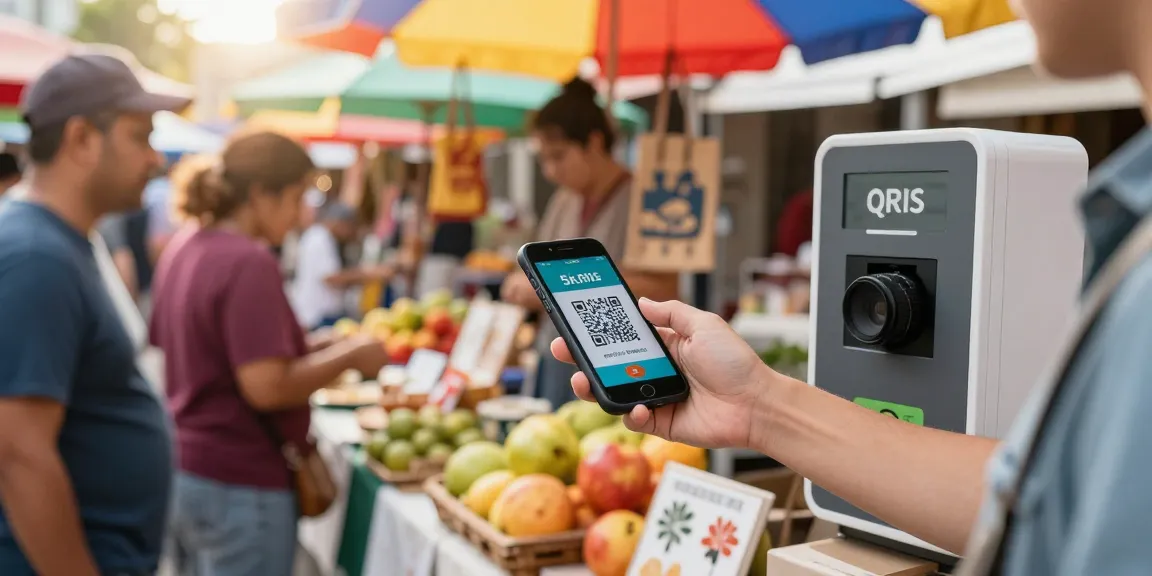 Using slot 5k qris for a mobile payment at a lively street market.