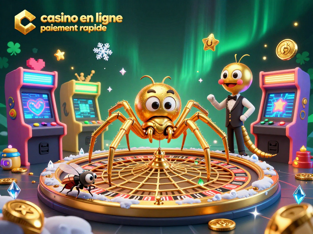 Illustration d'un casino en ligne paiement rapide avec une araignée d'or et un croupier mille-pattes.