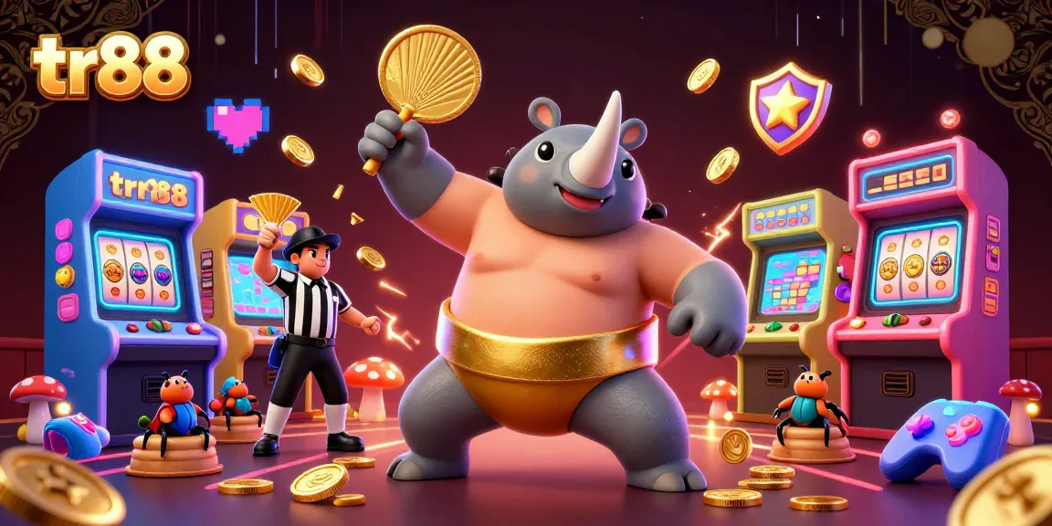 tr88 casino scene with a sumo beetle champion, golden coins, and arcade game elements