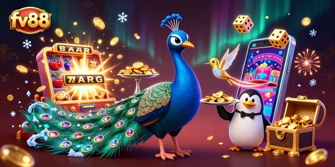 Spin the reels at fv88 with a vibrant casino illustration showcasing a peacock and penguin surrounded by jackpots.
