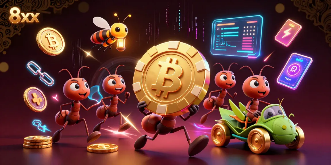 8xx ants celebrate a big win, carrying a massive golden poker chip through a neon-lit tunnel.