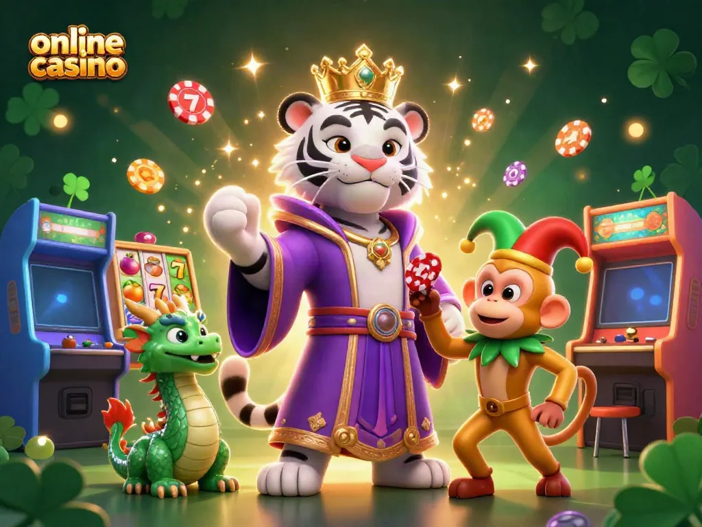 Experience an enchanting scene at an online casino with a white tiger, monkey, and jade dragon amid colorful slots.