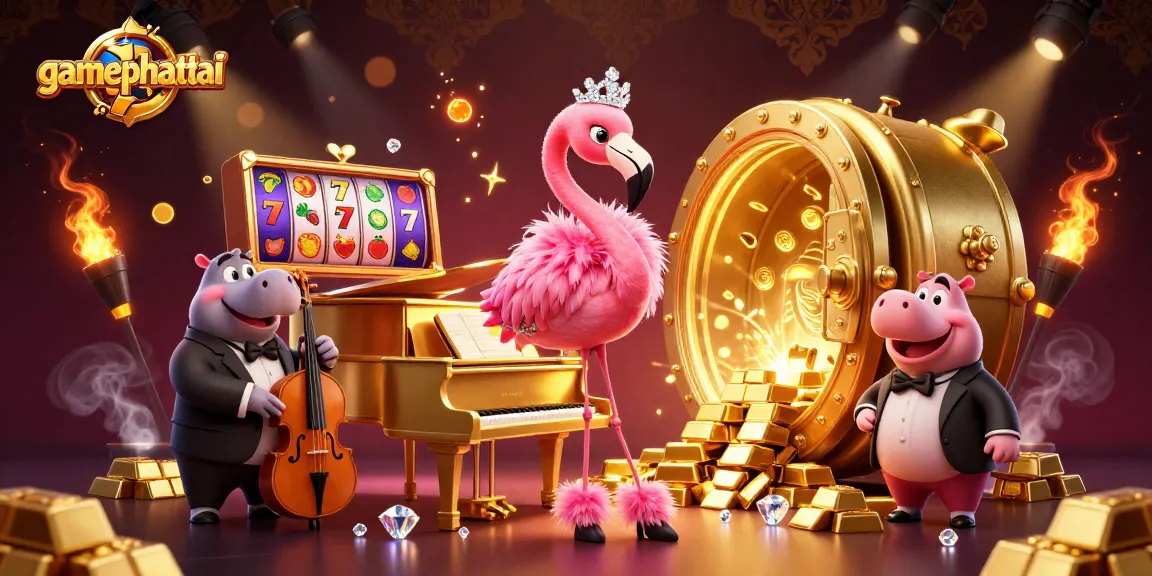 Experience gamephattai's vibrant action with a 3D flamingo singer and hippo bassist amid slot reels and treasures.