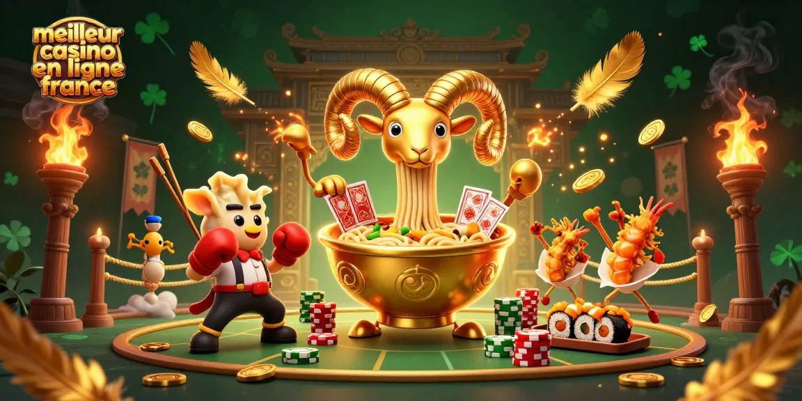 Illustration dynamique du meilleur casino en ligne France avec des personnages de jeu animés, cartes et jetons dispersés.