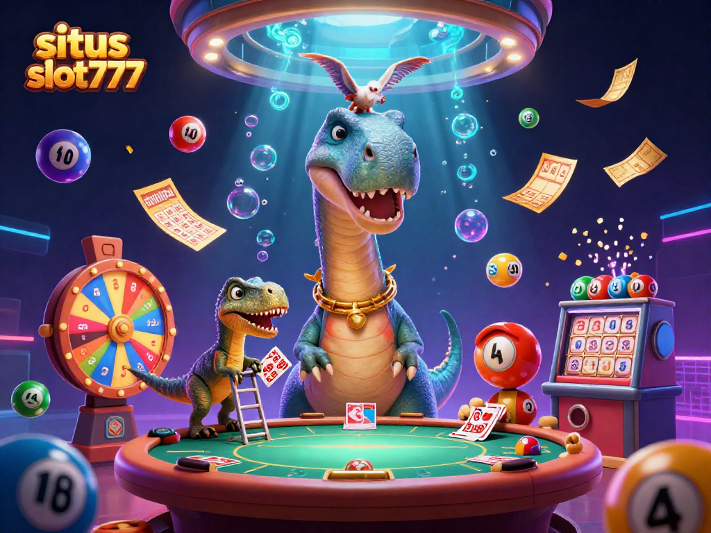 Situs slot777 offers vibrant gaming action with cartoon characters in a packed, festive casino scene.