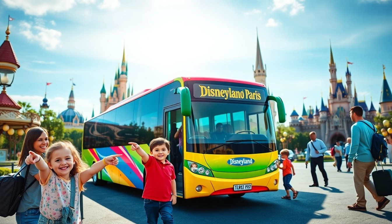Families enjoying transfers from paris airport to disneyland in a colorful shuttle bus.