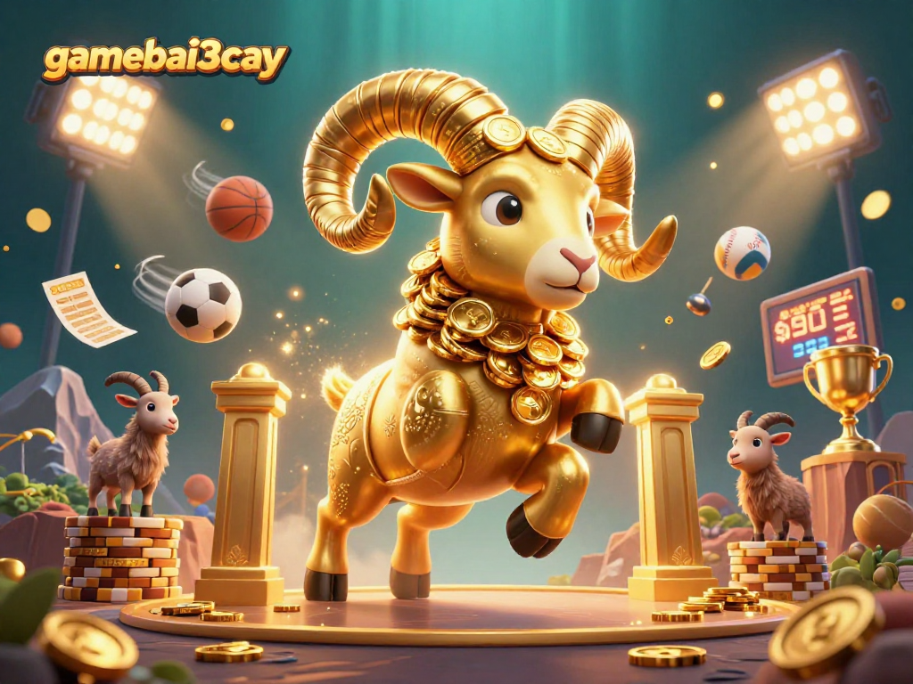 Bet on gamebai3cay with a golden ram charging proudly through an exciting casino scene.