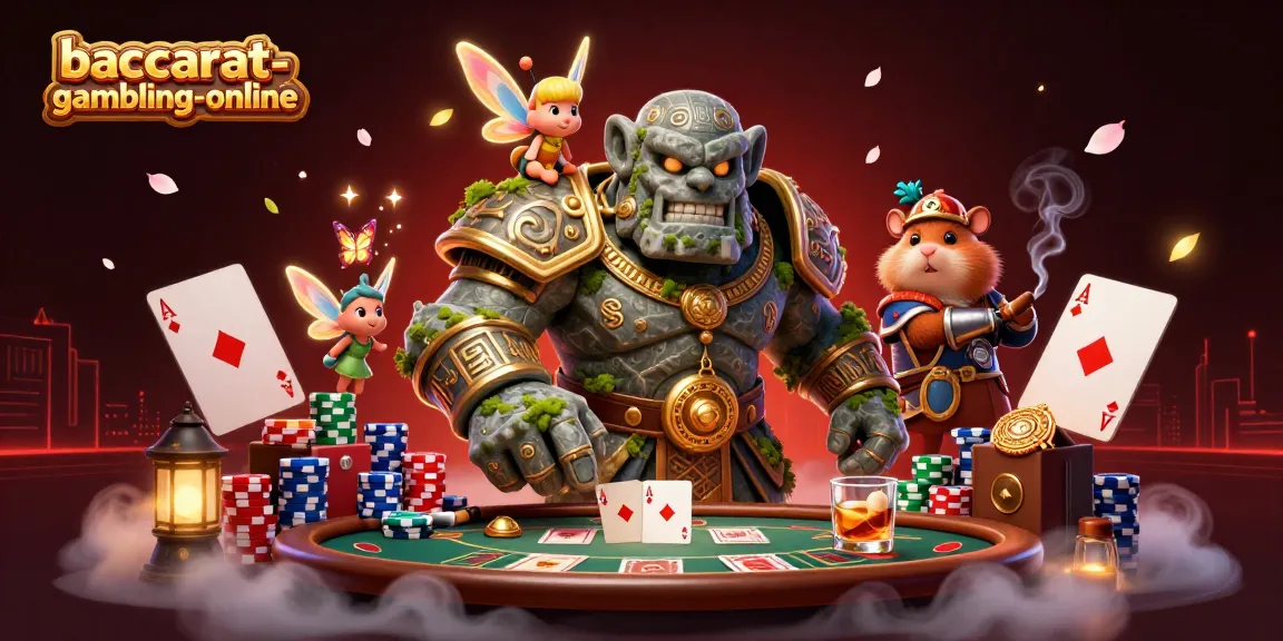 Experience the thrill of baccarat gambling online with colorful chips and magical characters in this vibrant 3D illustration.
