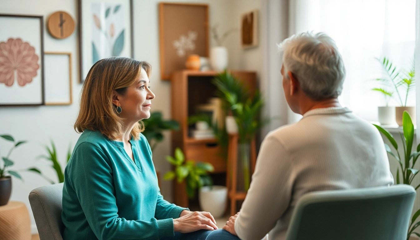 Therapist delivering mental health care in a serene office environment.