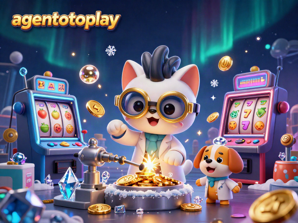 Spin and win at agentotoplay with mad scientist cat and dog in a vibrant casino scene.